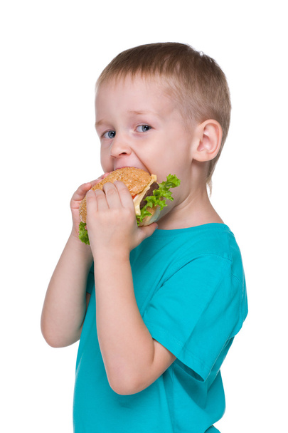 Schattige kleine jongen eet hamburger - Foto, afbeelding