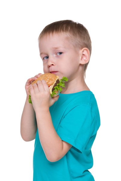 Pequeño niño come hamburguesa
 - Foto, Imagen