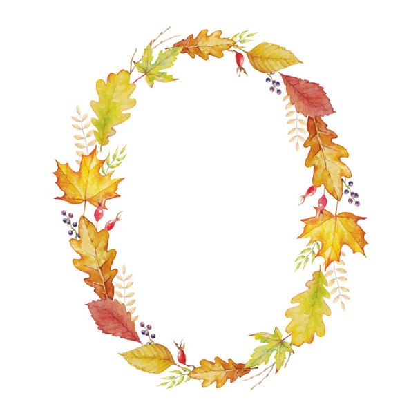 Herbal mix vector frame. Watercolor painted plants, branches and leaves on white background. Autumn oval frame - Vector, Image