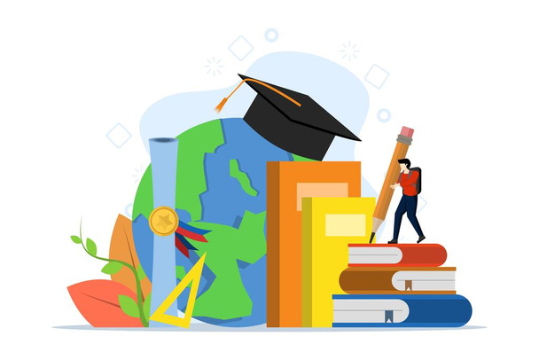 University campus vector illustration concept with students and school elements. back to school. school season. University entrance examination. costs to enter the university. flat vector illustration. - Vector, Image