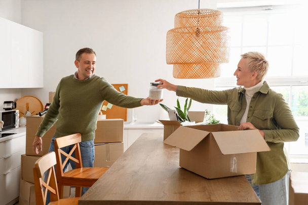 Mature couple packing food in kitchen on moving day - Photo, Image