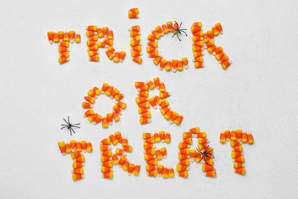 Words TRICK OR TREAT and spiders on light background - Photo, Image