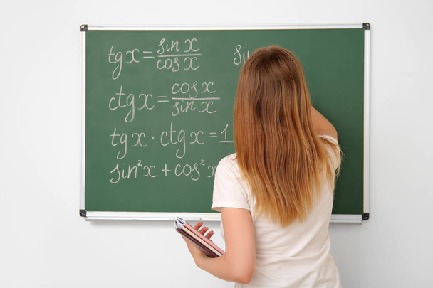 Profesora de matemáticas escribiendo en pizarra en el aula, vista trasera - Foto, imagen