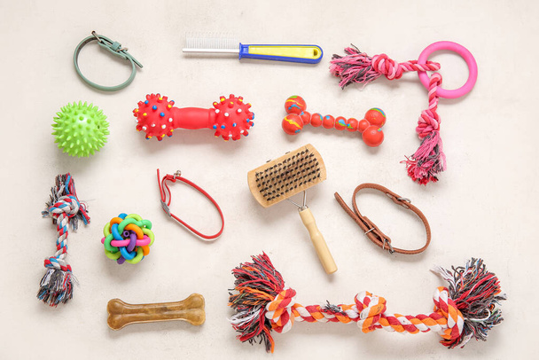 Set van verschillende accessoires voor de verzorging van huisdieren en speelgoed op lichte achtergrond - Foto, afbeelding