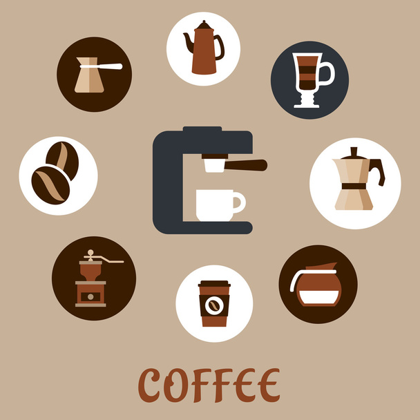 Плоские иконки кофе вокруг кофеварки
 - Вектор,изображение