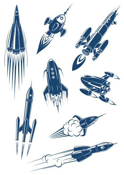 Cartoon διαστημόπλοια και πύραυλοι σε χώρο - Διάνυσμα, εικόνα