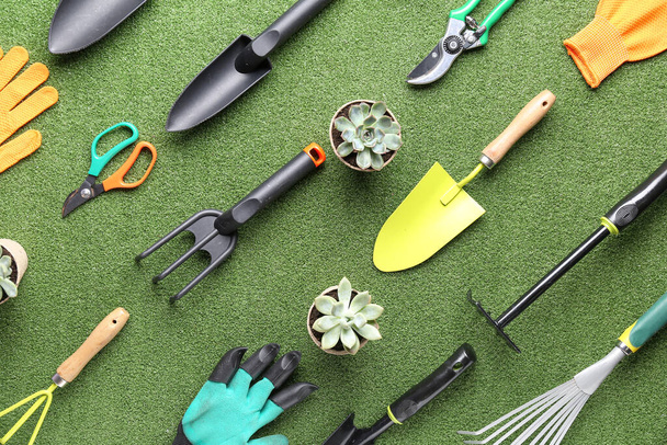 Композиция с различными садовыми инструментами и растениями на цветном фоне - Фото, изображение