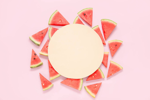 Blank card and pieces of fresh watermelon on pink background - Photo, Image