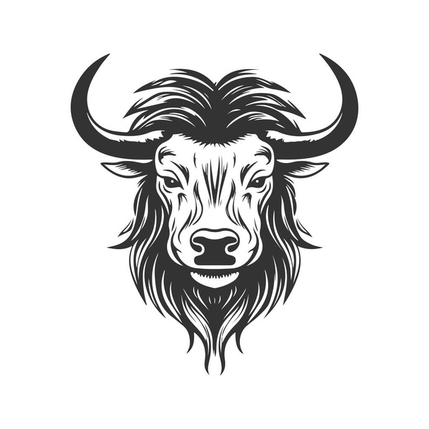 yak, vintage logo line art concept black and white color, hand drawn illustration - Vektör, Görsel