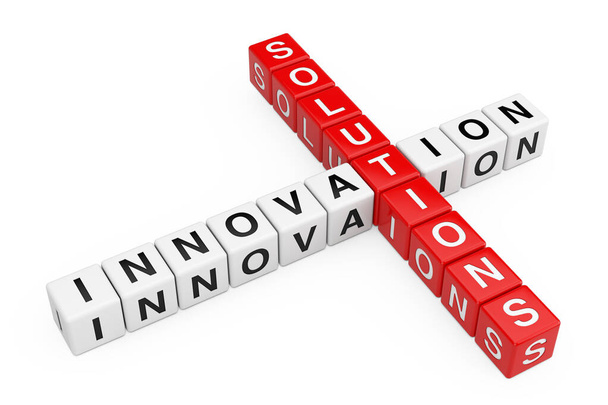 Innovation and Solutions Sign as Crossword Cube Blocks on a white background. 3d Rendering  - Photo, Image