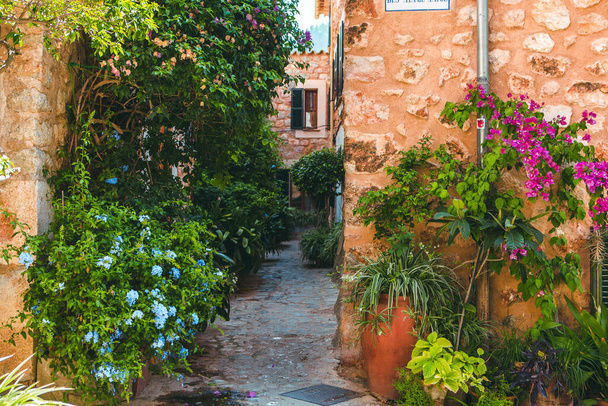 Vista de una calle medieval en el casco antiguo del pintoresco pueblo de estilo español Fornalutx, Mallorca o la isla de Mallorca - Foto, Imagen