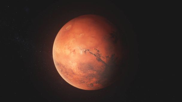 Realistyczna animacja 3D Marsa obracającego się w ciemnej przestrzeni kosmicznej. Gwiazdy, galaktyki w tle. Planeta Układu Słonecznego. Przyszła kolonizacja człowieka i koncepcja eksploracji wszechświata. Postęp technologiczny. - Zdjęcie, obraz