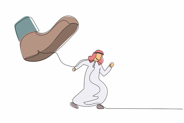 勇敢なアラビア人実業家を描く連続的な1行は、踏み足から逃げます。大規模な靴の下で上司に圧迫される男社員。最小限の比喩だ。1本の線画ベクトル図 - ベクター画像
