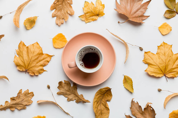 Vlakke lay compositie met kleurrijke Herfst kopje koffie en bladeren op een kleurrijke achtergrond. bovenaanzicht. - Foto, afbeelding