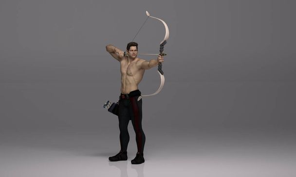 3D Render : A shirtless male archer pose practicing archery in the studio with wood bow - Photo, image
