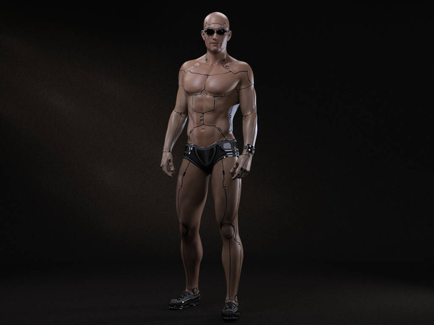 3Dレンダー:白い背景に立っている男性のサイボーグの肖像画 - 写真・画像