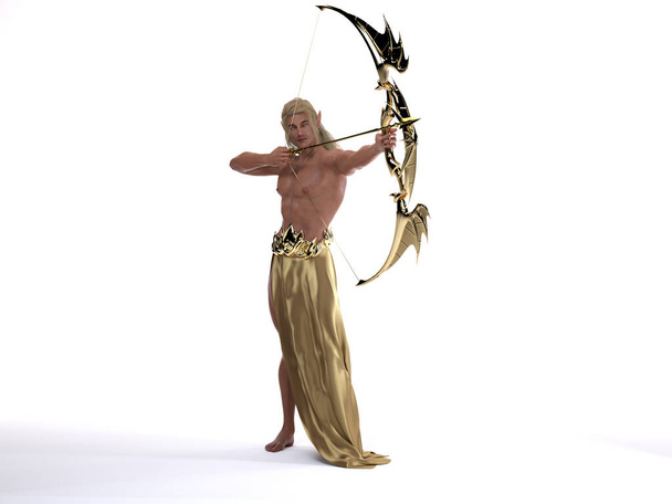 3D Rendering: Um retrato do personagem masculino elfo em pé com um arco dourado e flecha em suas mãos, fundo branco - Foto, Imagem