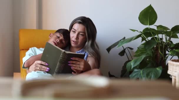 Hispánka maminka čte knihu se svým synem doma u okna - Záběry, video