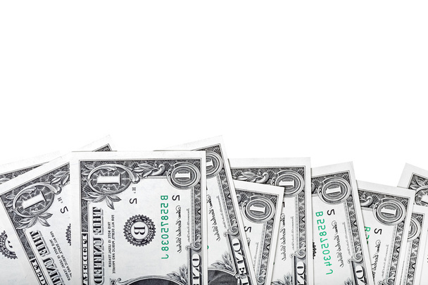 Kompozycja z jeden Dolar rachunki na białym tle dla swojego tex - Zdjęcie, obraz