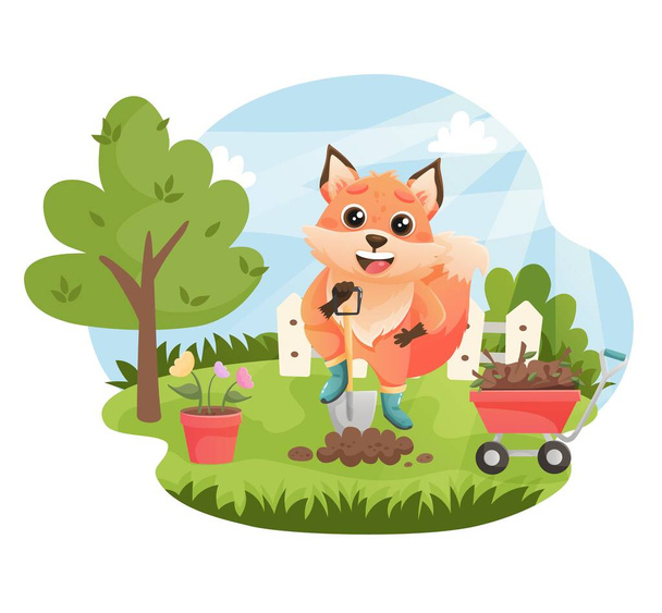 Fox creuse le sol avec une pelle pour planter des fleurs dans le jardin. Mignon personnage de renard travaillant dans le jardin. Illustration vectorielle - Vecteur, image