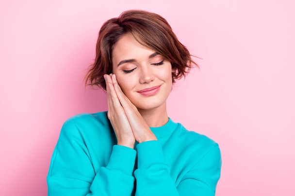 Photo portrait of pretty young girl arms gesture closed eyes sleeping wear trendy blue outfit isolated on pink color background. - Φωτογραφία, εικόνα