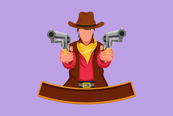 Charakterflache Zeichnung stilisierter Wild-West-Revolverheld mit zwei Pistolen. Hübsche amerikanische Cowboys zielen mit zwei Pistolen in die Wüste. Vintage Waffen zur Selbstverteidigung. Zeichentrick-Vektor-Illustration - Vektor, Bild