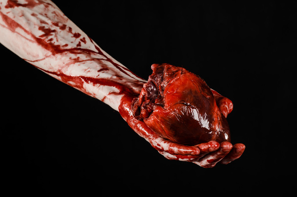 Blood and Halloween theme: terrible bloody hand hold torn bleeding human heart isolated on black background in studio - Foto, immagini