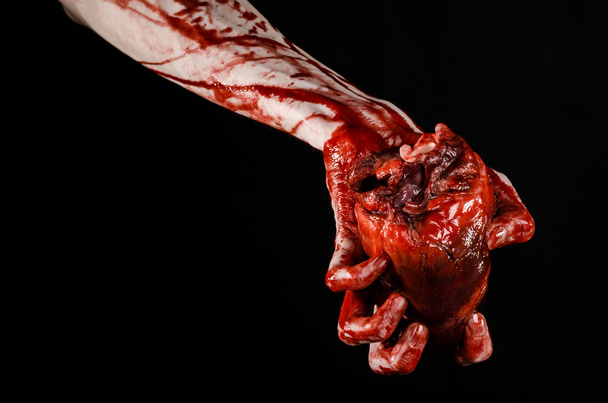 Sangue e tema de Halloween: mão sangrenta terrível segurar rasgado sangramento coração humano isolado no fundo preto no estúdio
 - Foto, Imagem