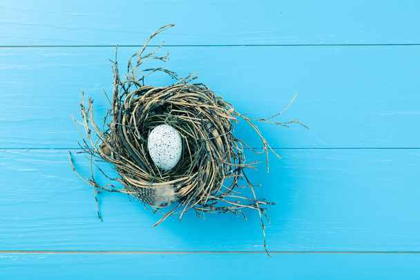 egg in nest on blue wooden background - Fotoğraf, Görsel