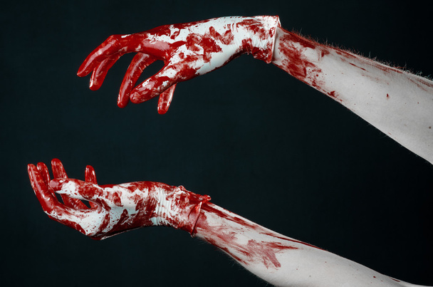 Bloody hands in white gloves, a scalpel, a nail, black background, zombie, demon, maniac - Φωτογραφία, εικόνα