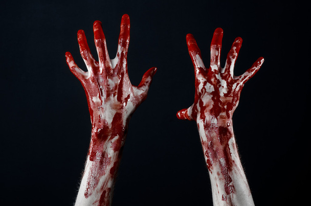 Bloody hands in white gloves, a scalpel, a nail, black background, zombie, demon, maniac - Photo, Image
