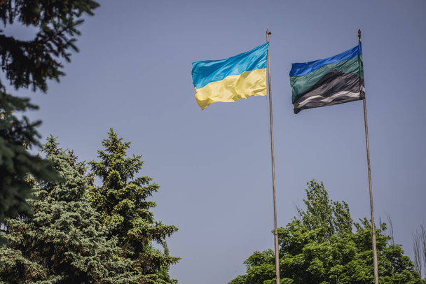 ウクライナ・ドブロピリア2014年5月19日:ドンバス地域のロシア・ウクライナ戦争中のドブロピリア市の旗 - 写真・画像