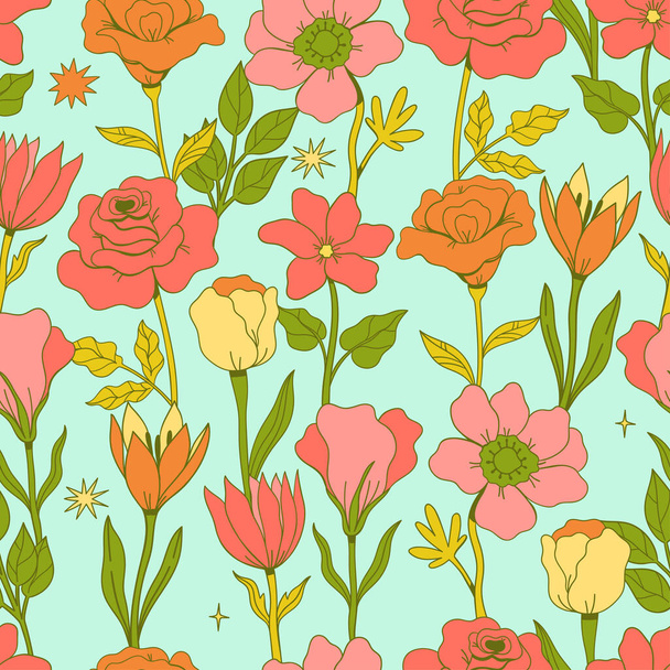 Seamless pattern with various cute flowers. Vector image. - Vector, Image