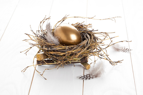 golden egg in the nest on white wooden background - Foto, imagen