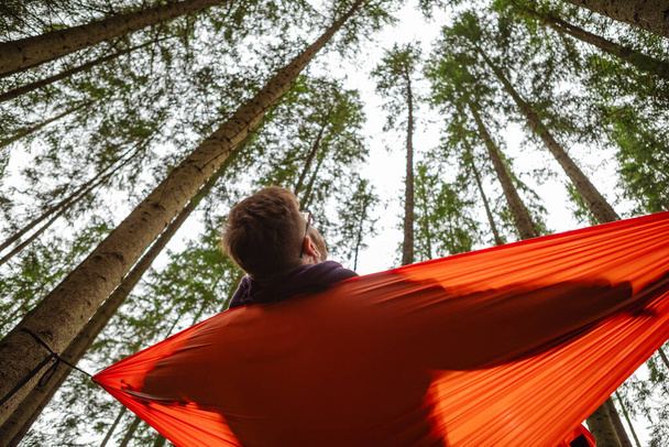 happy man in hammock in the middle of the forest copy space - Photo, Image