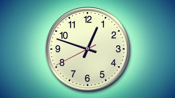 große runde Uhr, die 12 Stunden über 30 Sekunden herunterzählt. Zeitraffer. hellblauer Hintergrund - Filmmaterial, Video