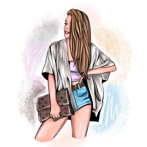 Arte ragazza di moda. Illustrazione di moda. ragazza con una borsa in mano. Borsa Louis Vuitton - Foto, immagini