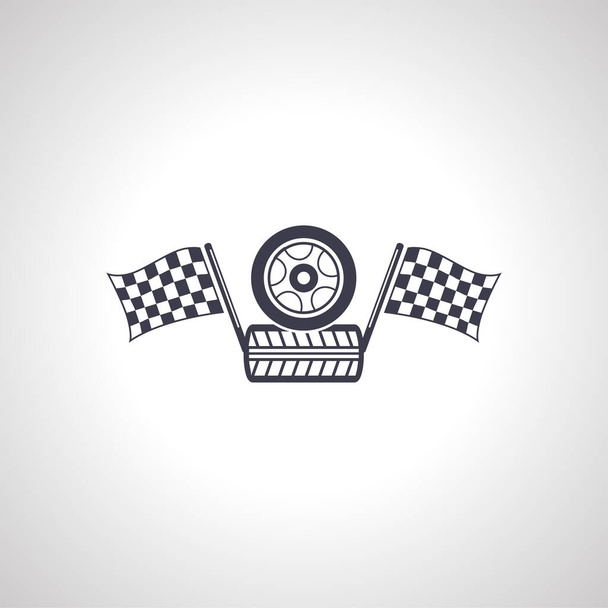 racing tire icon. car wheel with racing flags icon - Vector, Image