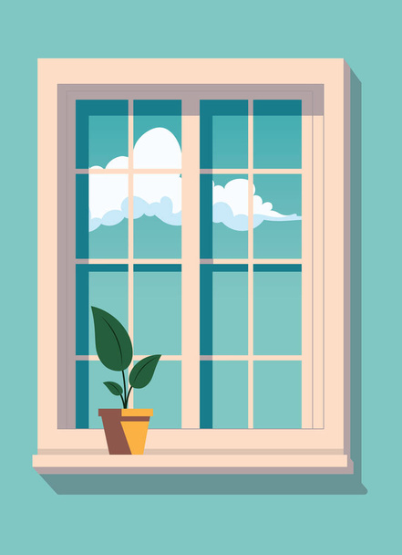 Σκηνή από ένα ξύλινο παράθυρο με ένα φυτό και τον ουρανό στο παρασκήνιο με ένα σύννεφο. - Διάνυσμα, εικόνα