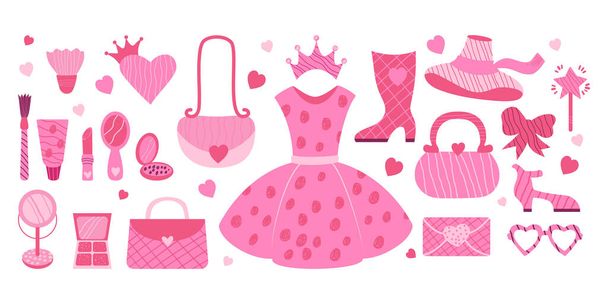 Pink female aesthetic. Fashion doll Barbiecore collection. Trendy glamorous accessories, clothes, cosmetics, shoes, handbag, glasses and crown for girl princess. Isolated Vector decorative elements  - Vector, Image