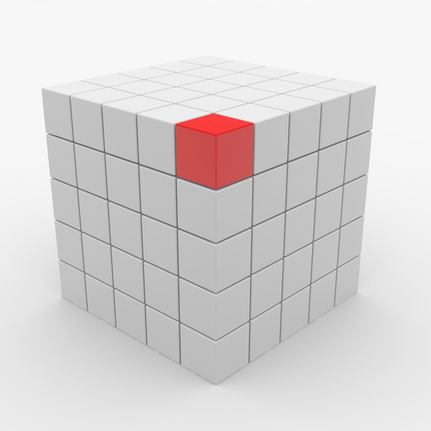 Abstract cube assembling from white blocks and one red block on - Photo, Image