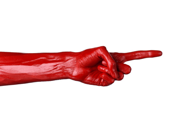 Red hand on white background, isolated, paint - Фото, изображение