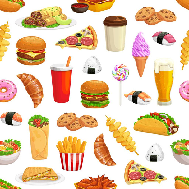 Cartoon fast food naadloos patroon. Burgers en pizza, fastfood snacks en frisdrank drinken vector achtergrond. Mexicaanse taco, burrito en bier, hotdog, donut, friet en koffie, sushi en kippenvleugels - Vector, afbeelding