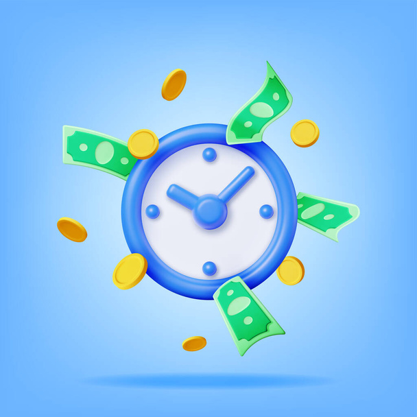 3D Clock with Dollars and Golden Coins Isolated. Render Time is Money Concept Annual Revenue, Financial Investment, Savings, Bank Deposit, Future Income, Money Benefit. Vector Illustration - Vector, Imagen