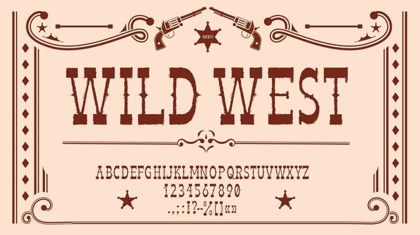 Wild west font, rodeo type nebo Western typografie, American cowboys alphabet vector typography. Old vintage western saloon font or country ranch and tavern ABC letters, Texas sheriff or oldschool typeset - Vektor, obrázek