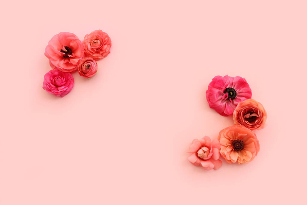 Top view image of pink flowers composition over pastel background - Photo, image