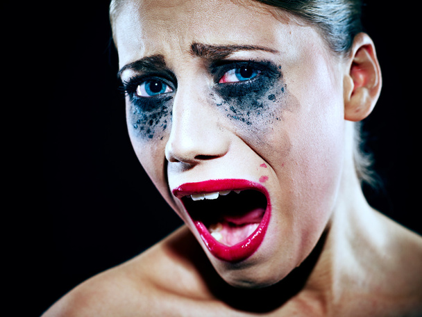Hysteric woman with smeared makeup - Fotoğraf, Görsel
