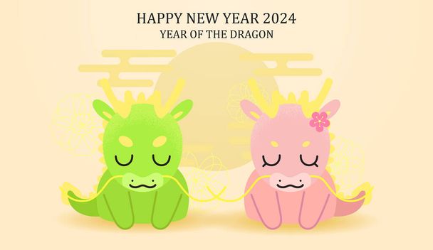 Cute chinese dragons couple bowing wishing happy new year. Year of the dragon 2024, lunar new year greetings card vector template. - Vector, Image