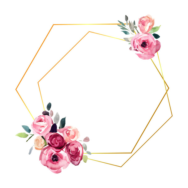 Gold wreath with roses flowers. Hand drawn watercolor bouquet with place for your text. Design for card, invitation. Floral arrangement with gold geometric circle frame. Vector illustration - Vector, Image