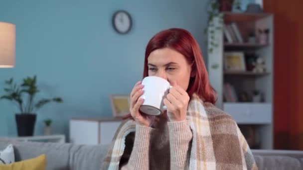 portrét mladé okouzlující ženy pije horký čaj sedí na pohovce v teplém kostkovaném, usmívá se a dívá se do kamery - Záběry, video